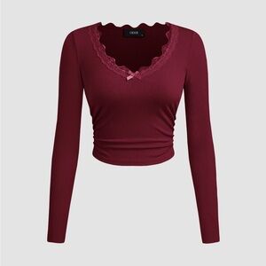 V Neck Solid Bowknot Lace Ruched Long Sleeve Crop Top